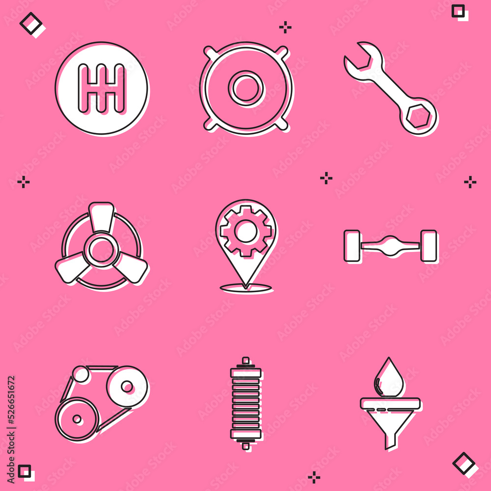 Set Gear shifter, Car audio speaker, Wrench spanner, motor ventilator, service, Chassis car, Timing belt kit and Shock absorber icon. Vector Set Gear shifter, Car audio speaker, Wrench spanner, motor ventilator, service, Chassis car, Timing belt kit and Shock absorber icon. Vector