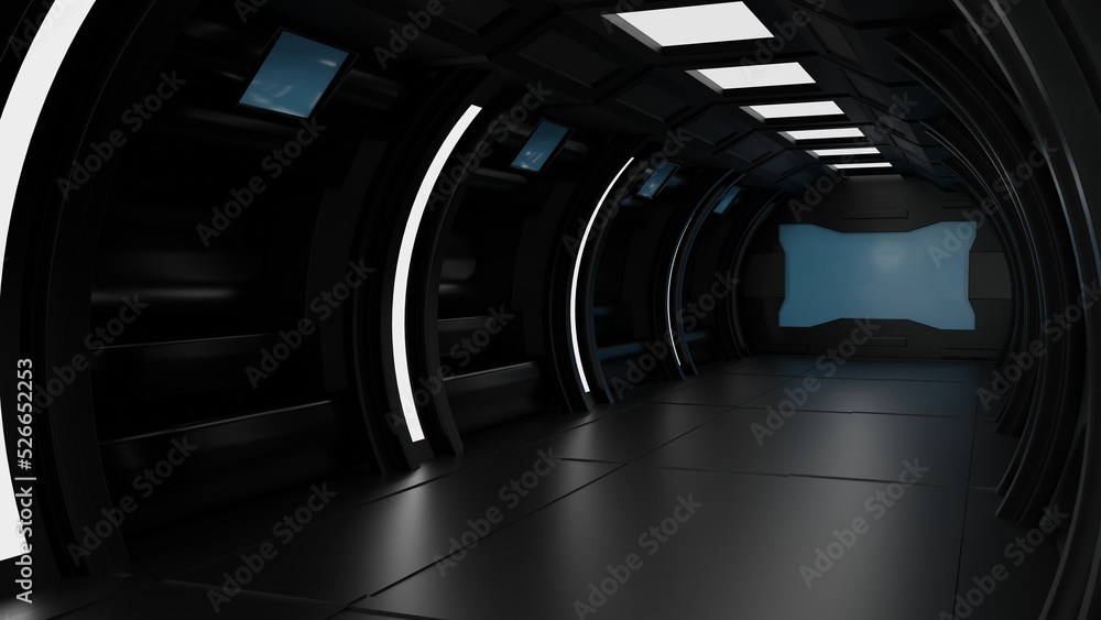 Inside spaceship or space station interior, Sci-Fi tunnel, corridor with empty space, 3D rendering Inside spaceship or space station interior, Sci-Fi tunnel, corridor with empty space, 3D rendering