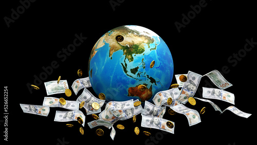 Gold coin and banknote around the globe or earth  world business concept  element by NASA  3D rendering.