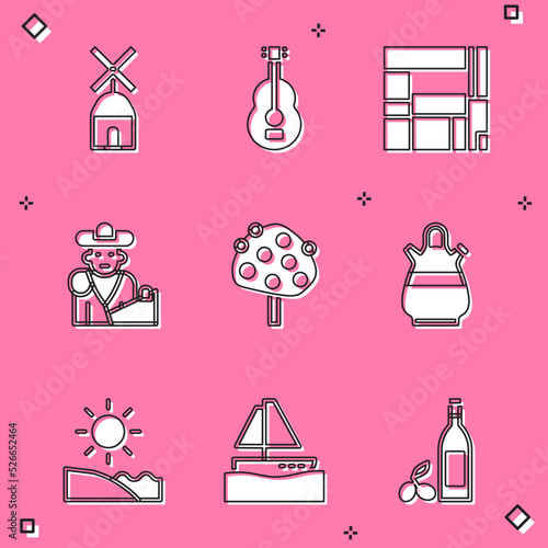 Set Windmill, Spanish guitar, House Edificio Mirador, Bullfight, matador, Orange tree, Sangria pitcher, Beach and Yacht sailboat icon. Vector