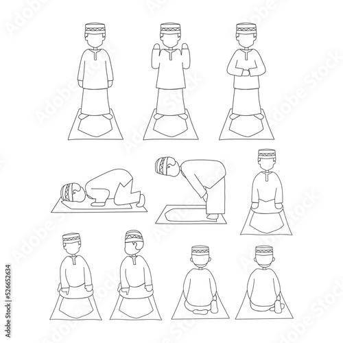 Boys' prayers (salat) in black and white line drawings vector