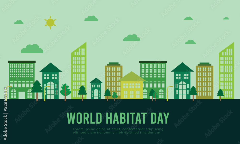 World habitat day flat background design with building, tree, cloud and sun