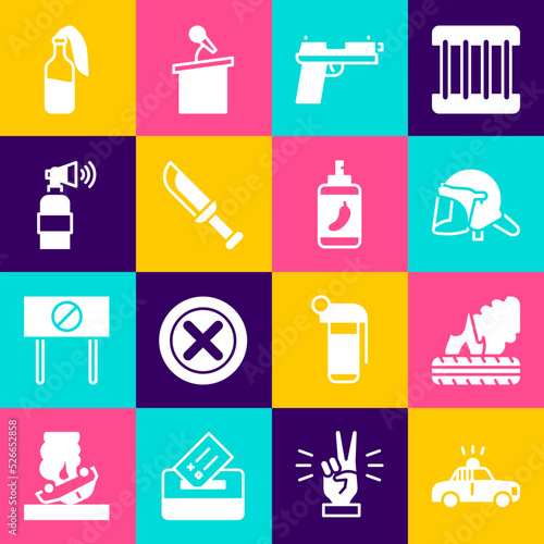 Set Police car and flasher, Lying burning tires, helmet, Pistol or gun, Military knife, Air horn, Cocktail molotov and Pepper spray icon. Vector