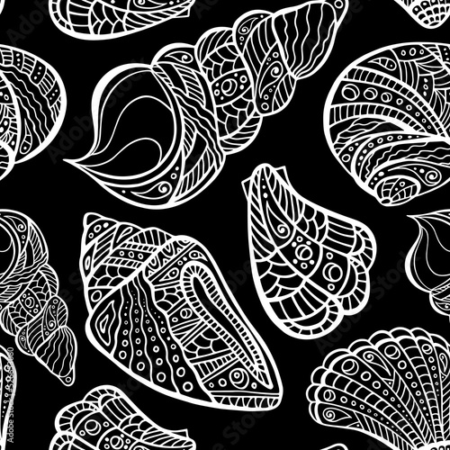 Polynesian shell irregular seamless pattern. Zen doodle conch endless texture. Maori sea random repeat boundless background. Tribal ocean surface design. Chaotic aquatic ornament for textile or cloth