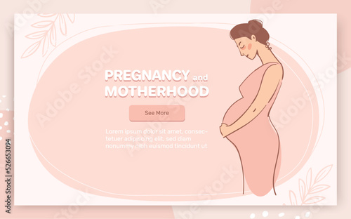 Pregnancy banner with place for text. Happy pregnant mom, obstetrics and motherhood support. Vector flat cartoon landing page blank.