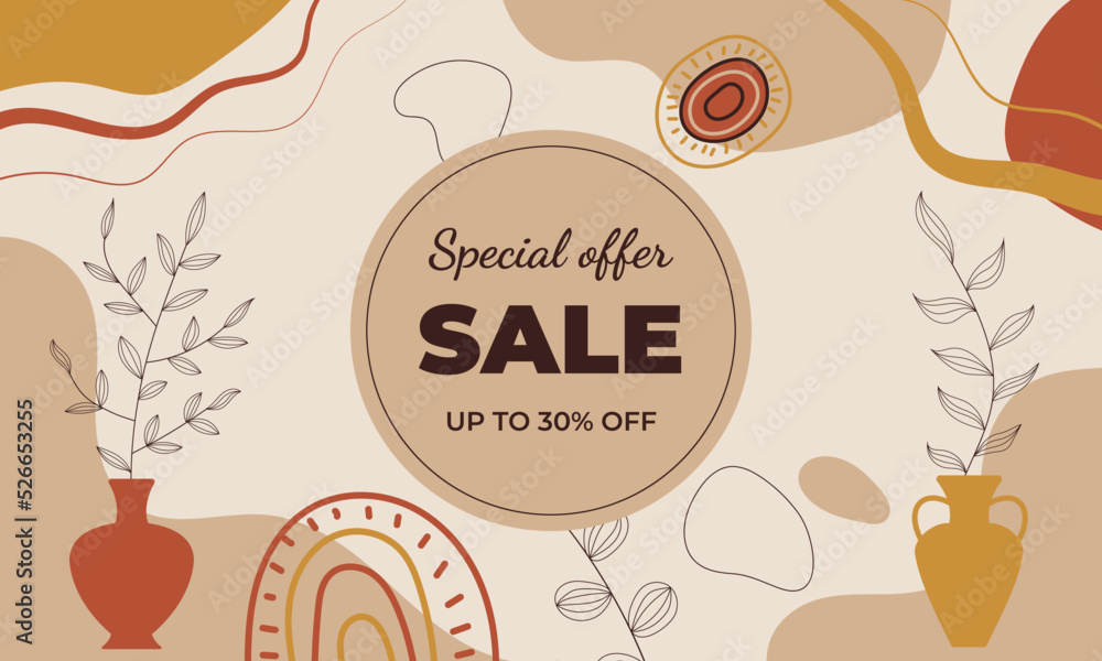 Fototapeta premium Aesthetic background sale 30% off. Boho background. Background with rainbows, vase, sun, leaves, dots and geometric shapes in boho and aesthetic style. Vector Illustration.