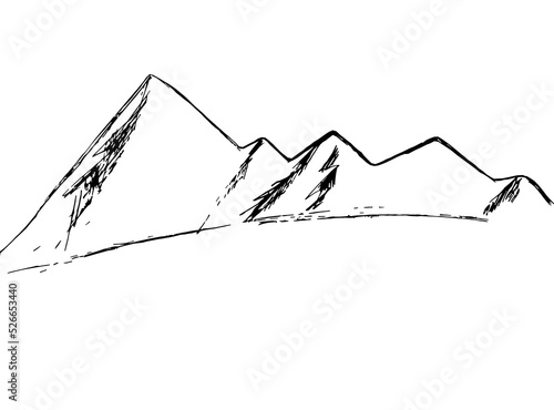 On a white background, a landscape with black mountains