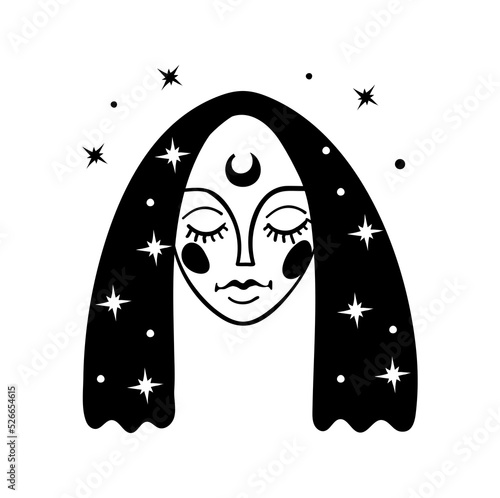 Girl's face with closed eyes and stars in her hair, simple boho tattoo, mystical logo. Vector illustration for halloween isolated on white background.
