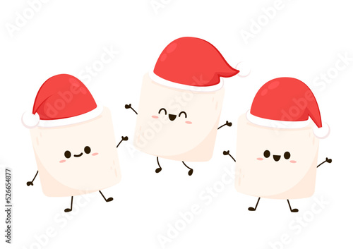 Marshmallow cartoon. marshmallow character design. Marshmallow with a Santa claus hat.
