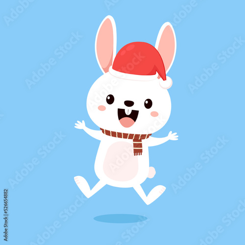 Cute white bunny. Rabbit cartoon vector collection. Animal wildlife character. Merry Christmas poster. © Supakorn