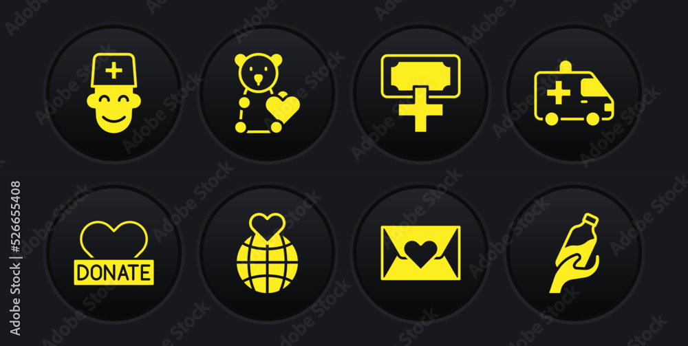 Set Donation and charity, Ambulance car, Hand holding Earth globe, Envelope with heart, Donate child toys, water and Male doctor icon. Vector Set Donation and charity, Ambulance car, Hand holding Earth globe, Envelope with heart, Donate child toys, water and Male doctor icon. Vector