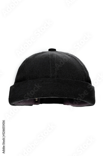 Close-up shot of a black denim docker cap with a turn up brim. A men's cap without a visor is isolated on a white background. Front view.
