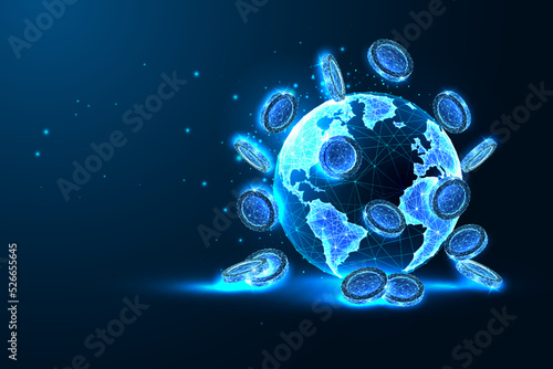 Global finances, international transactions concept with falling coins and planet Earth on blue 