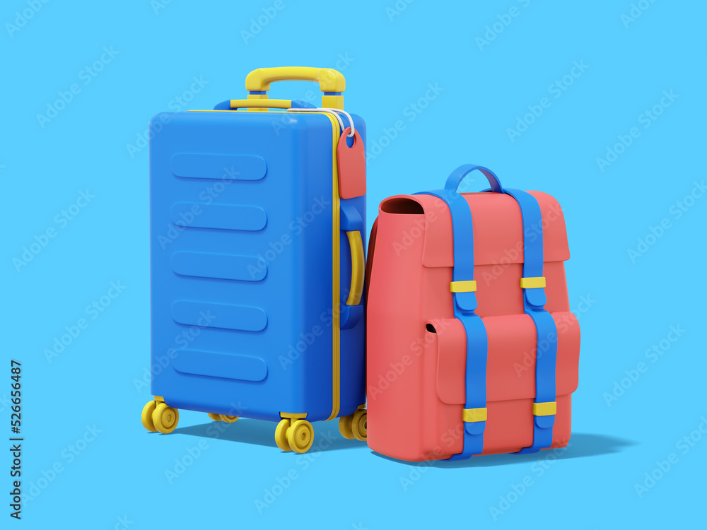 Fototapeta premium 3d rendering. Multicolored suitcase and tourist backpack on blue background.