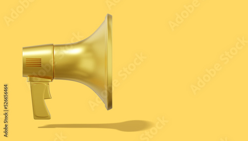 3d rendering. Golden megaphone on yellow background with space for text. Side view.