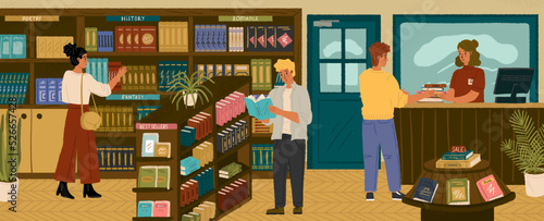 People looking for a book in bookstore. Library or store, interior with book shelfs. Customer buying books in shop. Concept vector illustration