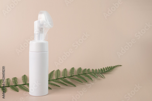 Face cleanser, facewash dispenser, beauty skincare cosmetic in pump container with green leaf on a natural background © yta
