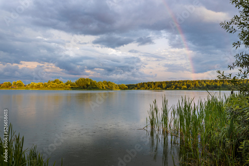 Sun during the rain. rainbow over the pond. Landscape with dramatic sky. Green plants near the water.