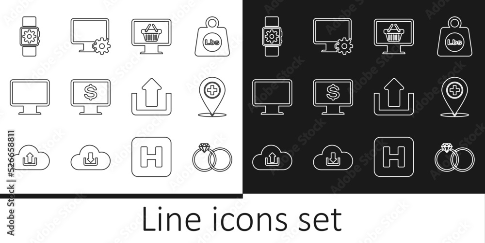 Set line Wedding rings, Medical location with cross, Monitor shopping basket, dollar, Computer monitor screen, Smartwatch setting, Upload and and gear icon. Vector