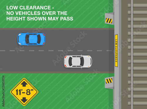 Safe driving tips and traffic regulation rules. Low clearance, no vehicles over the height shown may pass. Road sign meaning. Top view. Flat vector illustration template.