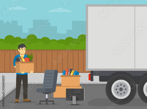 Male character holding box of belongings. Packing and loading moving truck. Side view of a trailer. Flat vector illustration template.