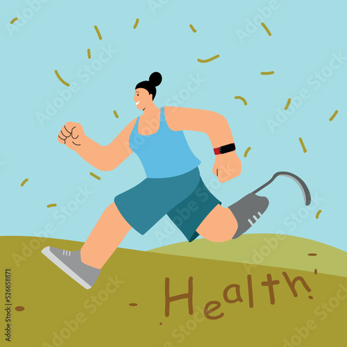A woman with a prosthetic leg goes in for sports. Vector illustration of the motivation of people with disabilities. People with disabilities
