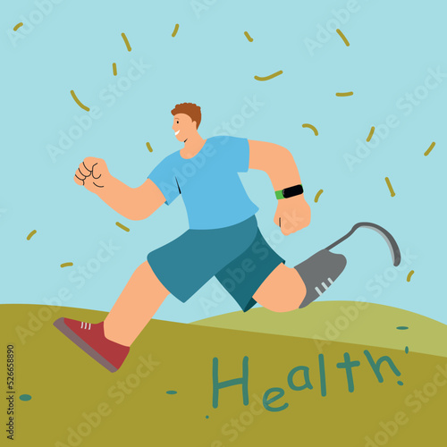 A man on a prosthesis runs outside the city. The person cares about health. A man with disabilities leads a full life. Vector illustration of a person with a disability