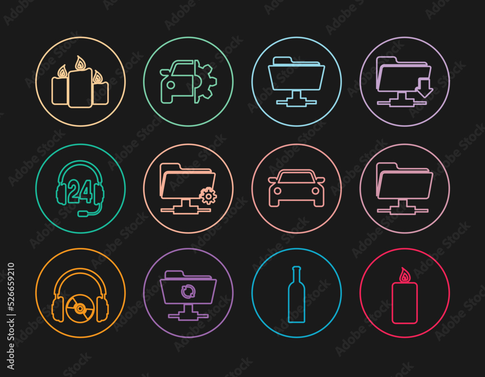 Set line Burning candle, FTP folder, settings, Headphone for support, candles, Car and service icon. Vector Set line Burning candle, FTP folder, settings, Headphone for support, candles, Car and service icon. Vector