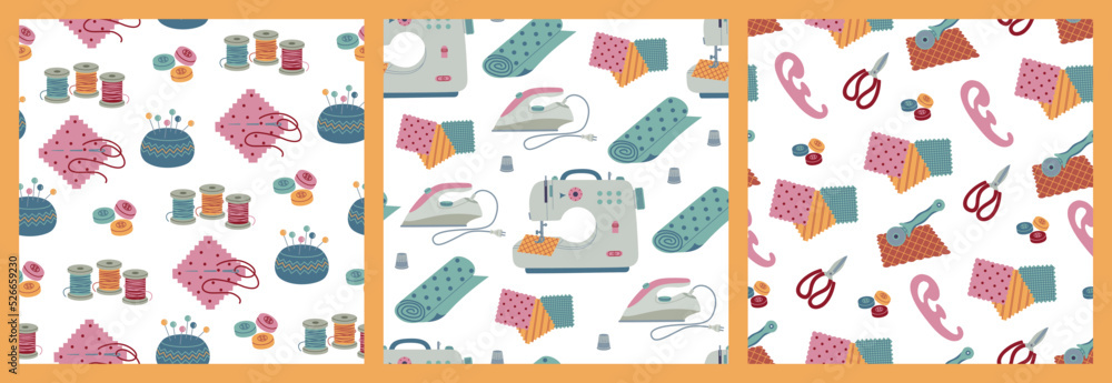 Set of seamless pattern with sewing elements. Machine, iron, textile, scissors, buttons, threads. Hand drawn vector illustration isolated on white background. Modern flat cartoon style. Set of seamless pattern with sewing elements. Machine, iron, textile, scissors, buttons, threads. Hand drawn vector illustration isolated on white background. Modern flat cartoon style.