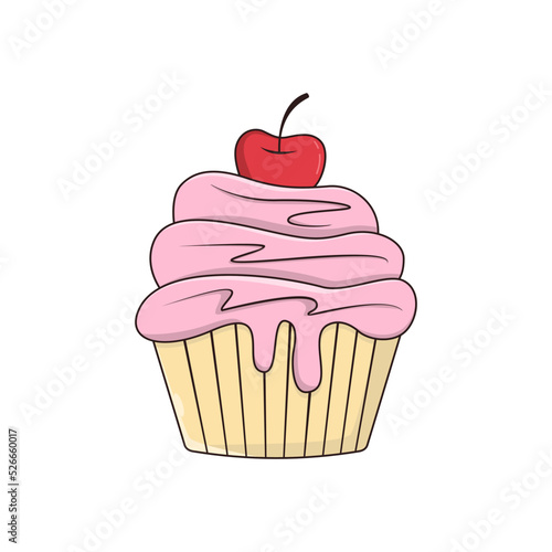 Cupcake icon with pink cream and cherry stock illustration. concept of calories and sugar and swirl yogurt. romantic snack to coffee or tea on white background drawing flat style trend simple graphic
