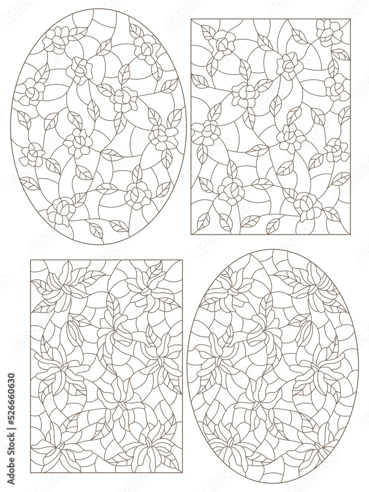 Obraz premium Set of contour illustrations of stained glass Windows with abstract intertwined flowers, dark outlines on a white background