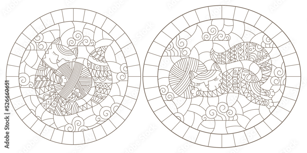 Set of contour illustrations of stained glass Windows with cute cartoon cats on a cloud background, dark contours on a white background Set of contour illustrations of stained glass Windows with cute cartoon cats on a cloud background, dark contours on a white background