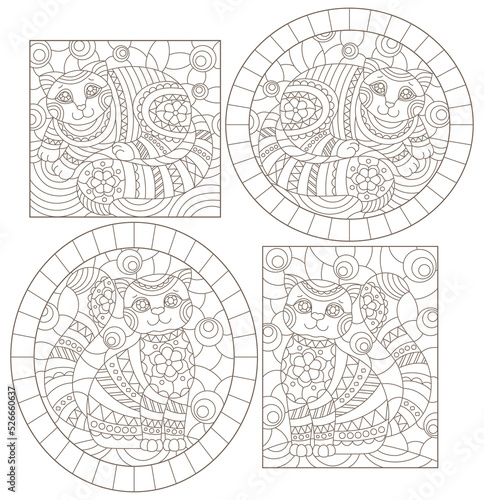 Set of contour illustrations of stained glass Windows with cute cartoon cats   dark contours on a white background