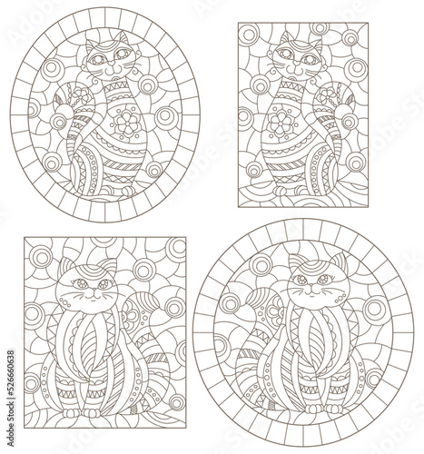 Set of contour illustrations of stained glass Windows with cute cartoon cats , dark contours on a white background