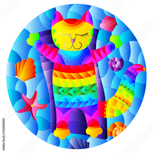 Illustration in stained glass style with a funny rainbow  cat sunbathingon an inflatable mattress in the middle of the waves and  shells, oval image