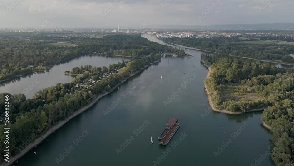 Descending drone shot over two empty dredger hoppers on a river in Rhineland-Palatinate, Germany, wide view footage Descending drone shot over two empty dredger hoppers on a river in Rhineland-Palatinate, Germany, wide view footage