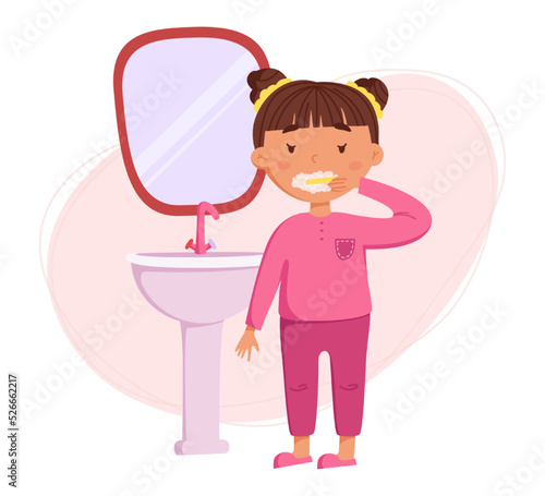 Children's daily routine vector illustration. Cute cheerful girl brushing teeth. Ideal for children's iteams photo