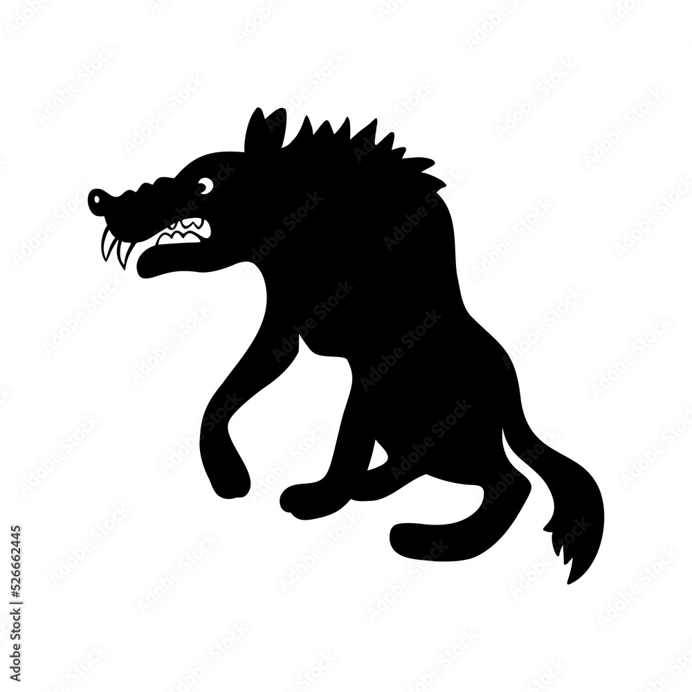 Silhouette of a disheveled wolf with fangs, vampire. Vector illustration of Halloween, design element.