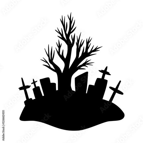 Silhouette of a tree and tombstones. Vector illustration of Halloween, design element.