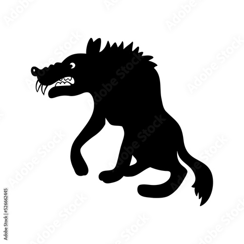 Silhouette of a disheveled wolf with fangs, vampire. Vector illustration of Halloween, design element.