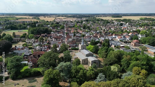 Sawbridgeworth town Hertfordshire UK panning establishing aerial view, photo