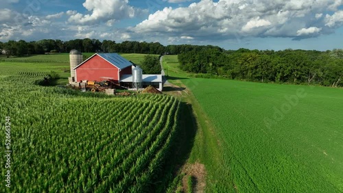 American farm scene in rural USA. Corn field and red barn. Agriculture theme on summer sunny day. Aerial. photo