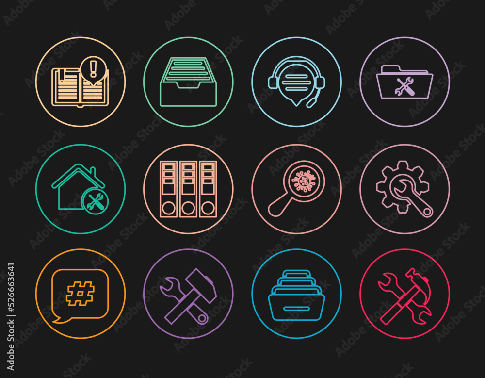 Set line Crossed hammer and wrench, Wrench gear, Headphones with speech bubble chat, Office folders, House service, Interesting facts, Microorganisms under magnifier and Drawer documents icon. Vector Set line Crossed hammer and wrench, Wrench gear, Headphones with speech bubble chat, Office folders, House service, Interesting facts, Microorganisms under magnifier and Drawer documents icon. Vector