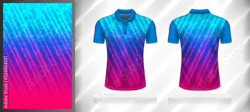 Vector sport pattern design template for Polo T-shirt front and back with short sleeve view mockup. Shades of blue-pink-purple color gradient grunge oblique line texture background illustration.