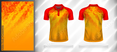 Vector sport pattern design template for Polo T-shirt front and back with short sleeve view mockup. Shades of red-yellow-orange color gradient abstract grunge texture background illustration.