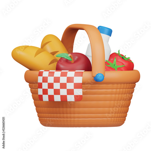 Food basket 3d rendering isometric icon.