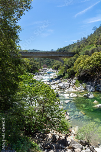 The Yuba River in California and its rocky bed.