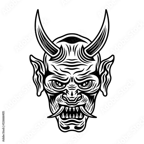 Oni mask japanese tattoo of demon face with horns vector illustration in vintage monochrome style isolated on white background