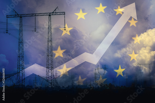 Power line silhouette with stormy sky and rising up arrow. Electricity price increase. Energy crisis in Europe. Growing electricity consumption for home and industry. Power generation shortage.