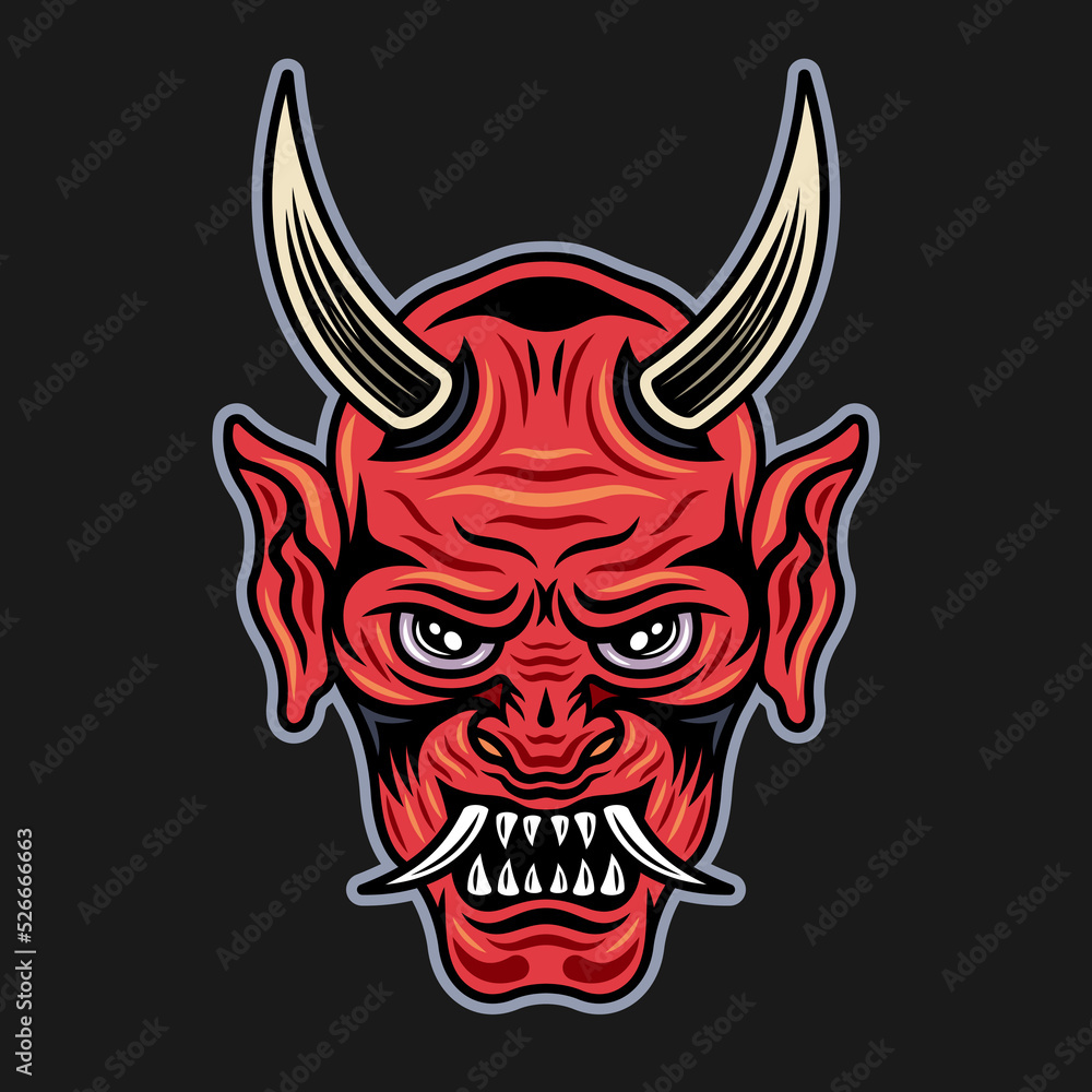 Oni mask japanese tattoo of demon face with horns vector illustration in vintage colorful style on dark background